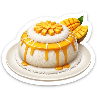 Mango Sticky Rice Cinematic Realistic Mango Sticky Rice Dessert Emoji, depicted as sticky rice drizzled with coconut milk topped with a layer of coconut cream, accompanied by sliced mango on the side of the plate, rendered with vivid textures and warm, tropical lighting. sticker