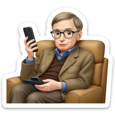 Stephen Hawking with glasses sitting on a couch playing a mobile phone game sticker