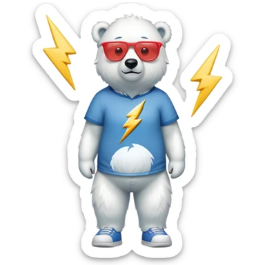 friendly anthropomorphised polar bear standing upright, looking chilled and unbothered, wearing a shirt, jeans, trainers, and lightning bolt-shaped colorful glasses sticker