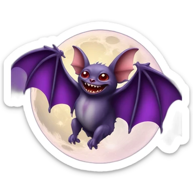 purple dripping mad face vampire bat wings flying in front of large realistic color full moon sticker