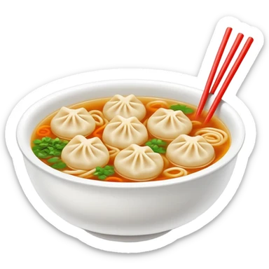 Wenzhou Huntun Wonton Noodle Soup with small dumplings, simplified emoji style with bold outlines and bright colors, cartoon style Zhejiang specialty with clear broth sticker