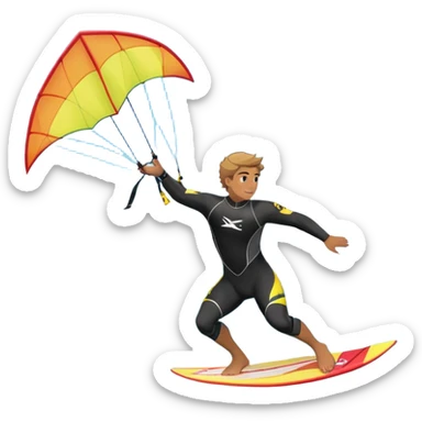 A kite surfer soaring above the waves, holding onto a kite with the wind in full force. The background showcases the ocean and sky, emphasizing the freedom, thrill, and energy of the sport. The motion of the kite and board is dynamic, capturing the excitement of kiting. sticker