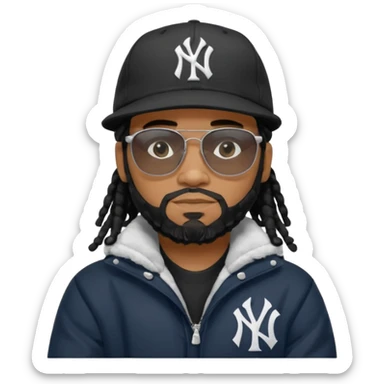 African American man with shoulder length black dreadlocks and black beard wearing black sunglasses with a New York Yankees baseball cap wearing a black bubble winter coat with arms folded sticker
