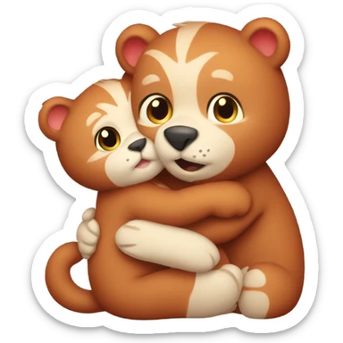 brown bear cub hugs red cat sticker