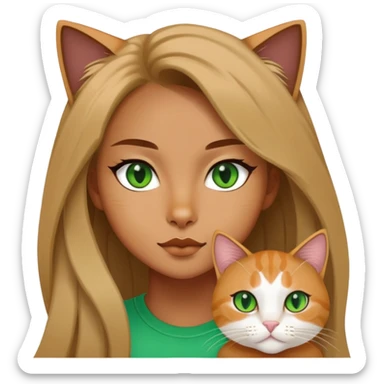 a cool girl with a jinjila long hair cat, cat’s eyes are green sticker