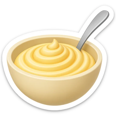 Edit the image in the style of Apple emojis. Add a spoon inside the bowl, remove the drop of mayonnaise that protrudes upwards, and eliminate the blue lines on the bowl. Keep the spiral patterns on the mayonnaise and maintain the transparent background. sticker