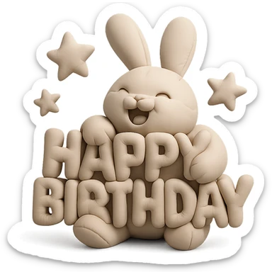 laughing bunny hugging "Happy Birthday" letters with stars, cushion style, transparent background sticker