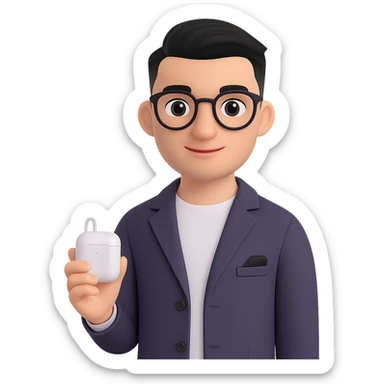 Change to a side-swept undercut hairstyle, keeping the Memoji-style 3D cartoon look. Maintain all other features and accessories the same, with a smart casual podcast host vibe. No background. sticker