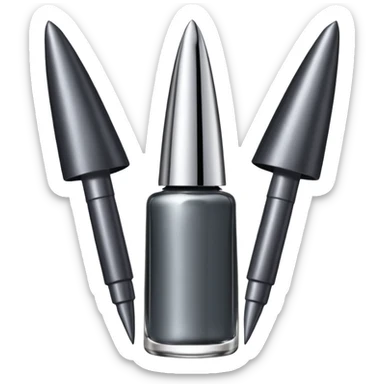 Dark grey metallic   nail polish bottle with a tall pointy cap sticker