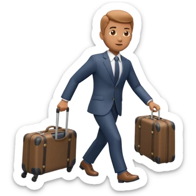 A 3D cartoon man in formal clothes pulling a suitcase behind him, slight motion blur, Memoji-style. sticker