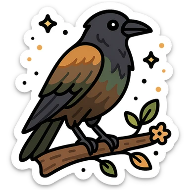 A mysterious crow perched on a branch, surrounded by a soft, magical atmosphere. The crow’s feathers are deep, dark hues with hints of golden orange (FA9B41), forest green (4A7C5C), muted taupe brown (96775A), and pastel peach (FFCC9A) subtly blending into its plumage. The branch is weathered and textured, with small leaves in green and peach tones, and delicate flowers or tiny sparks floating around. The lighting is soft and ambient, casting a warm, mystical glow over the scene, creating a quiet yet enchanting atmosphere. The crow’s sharp eyes and poised posture add to the mysterious, slightly gothic vibe of the moment. sticker