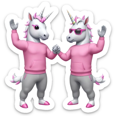 two friendly anthropomorphised male white unicorns with fit, chunky, muscular and strong physiques, arms and legs matching the white of the head, both wearing grey tracksuit pants and pink jumpers, sunglasses, high-fiving each other sticker