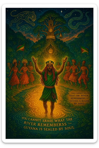 A vivid, spiritual illustration of Guyana reborn as a land of divine rhythm, ancestral return, and natural royalty. In the heart of the image flows the mighty Essequibo River, glowing with golden energy — a symbol of memory, healing, and spiritual current. Surrounding the river are lush, enchanted rainforests pulsing with hidden drums, glowing symbols, and jungle spirits made of light.

At the center, a crowned I-tal figure (part Rasta, part ancestral guardian) stands barefoot in the river, arms raised, channeling the rhythm of the land into the sky. Around them: a ring of spirit dancers echoing maroon heritage, Amerindian wisdom, and African soulfire — dressed in ceremonial garb, dancing in sync with the heartbeat of the earth.

Above, the stars form the shape of a jaguar and a giant serpent intertwined — the twin protectors of Guyana. Behind them, a mighty temple-tree rises from the jungle canopy, its branches holding sacred items: a calabash, a broken colonial chain, a conch shell, and a scroll titled “Undivided.”

Sacred text etched into the riverbank reads: “You cannot erase what the river remembers — Guyana is sealed by soul.”

The colors should reflect spiritual awakening: deep emerald, fire-gold, sunrise orange, and night-sky indigo. Mist, ancestral drums, and glowing Rasta flags should blend into the atmosphere — making this a vision of both resistance and rebirth. sticker