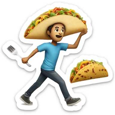 A boy with fork and knife chasing a life sized taco sticker