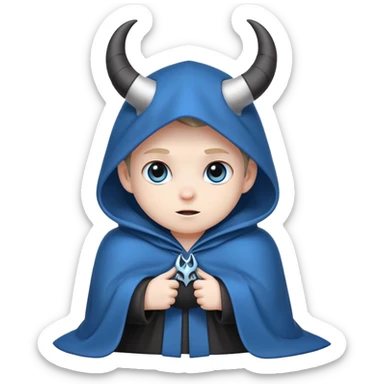 character with blue cloak, black body, white eyes, cute little horns peeking out from under the hood sticker