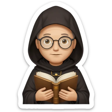 Monk priest prayer black habit with hood round black glasses done light brown wavy hair under hood remove the medallion smaller more round glassed age 46 no necklace more oval face hand holding book that says RB 480 sticker