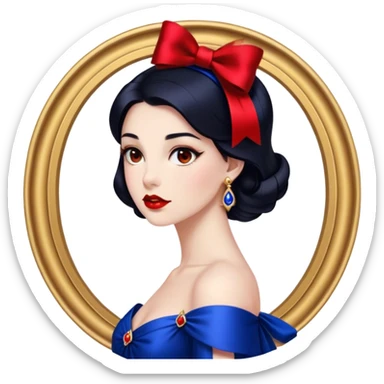 Cinematic Stunning Snow White Portrait Emoji, Fair skin glowing like porcelain, ruby-red lips, deep brown eyes full of kindness, raven hair framed by her iconic red bow, wearing her royal blue and gold gown, exuding timeless beauty and grace! sticker