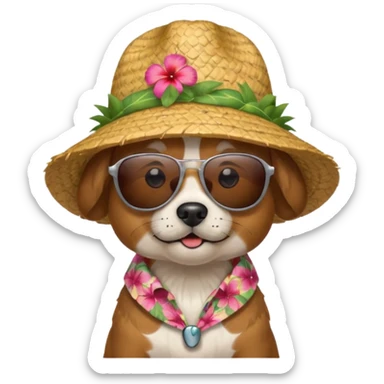 dog with sunglasses and straw hat, hawaii shirt sticker