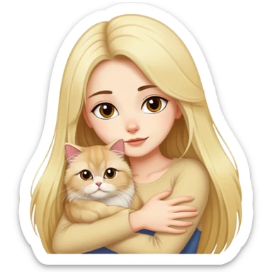 A pretty girl with long dark hair is hugging her blonde hair persian cat. sticker