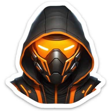 Side view developer behind his laptop with this style : crysis Cyberpunk Valorant orange glowing bright orange character orange black hooded assassin themed character sticker