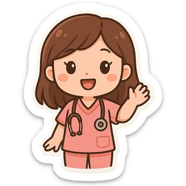 female doctor in pink medical attire, with a stethoscope around her neck, waving, cartoon style sticker
