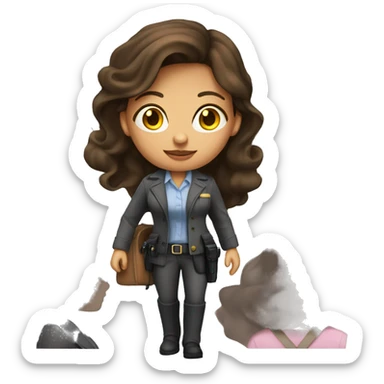 Tan skin brunette female detective wearing pink sticker