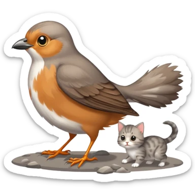 a beautiful thrush bird with a tiny kitten on the ground trying tioo chase it sticker
