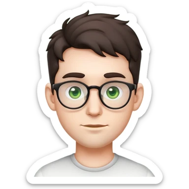 young male emoji with youthful face, poofier slightly curly dark hair, big ears, pale skin, glasses, green eyes, very light stubble sticker