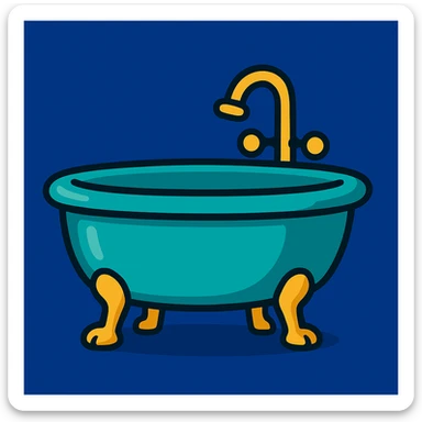 Add a solid dark blue background (#1E3A8A) behind the bathtub. Keep the cartoon style. Preserve the bathtub color as turquoise and the feet as gold. sticker