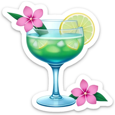 Blue/green cocktail with pink flowers and lemon sticker