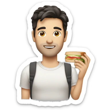 A white man with dark hair holding a long small sandwich sticker