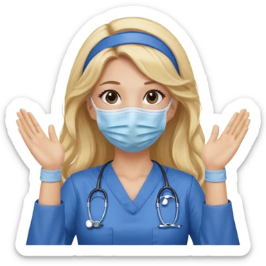 enfermera rubia con pelo largo sin balaca en el pelo, con mascarilla y guantes azules las dos manos arriba sticker