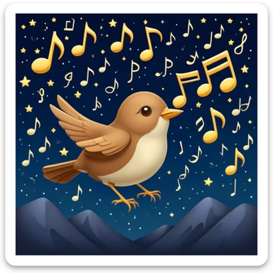 a nightingale bird singing with musical notes visible, flying against a dark starry night sky sticker