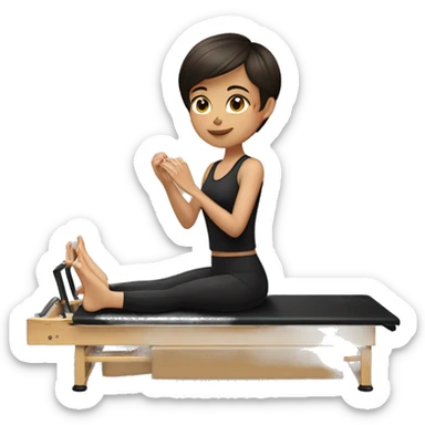 Brunette girl with short hair and black clothes doing stretches on Pilates reformer  sticker