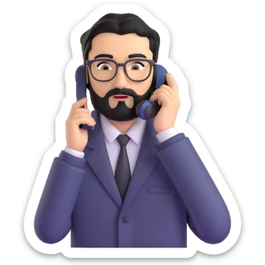 businessman with medium black beard, black hair styled to one side, connected unibrow, olive skin, brown eyes, glasses, prominent nose, in formal black jacket, in the process of dialing or answering phone call, with subtle modern office environment sticker