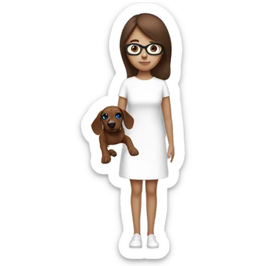 the brown hair girl with her blue eye wear a white minimal dress and her brown sausage dog sticker