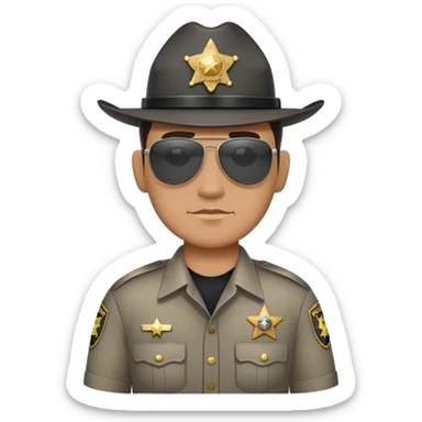 A Sheriffs deputy (tan shirt), with a black/grey side part, little old, with aviators on. sticker