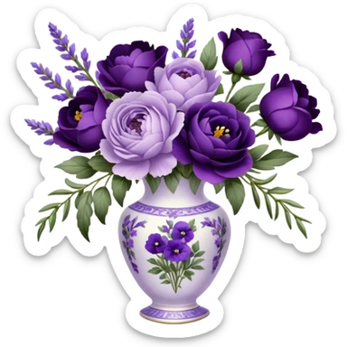 A dainty porcelain vase, hand-painted with delicate lavender pansies and deep purple roses, holds an elegant bouquet of amethyst-hued peonies, fragrant sprigs of wild lavender, and trailing silk ribbons, with a tiny heart-shaped charm dangling from its neck, swaying gently in the evening breeze.
 sticker