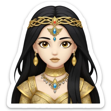 Akasha with white skin, brown eyes, black long hair, gold outfit sticker