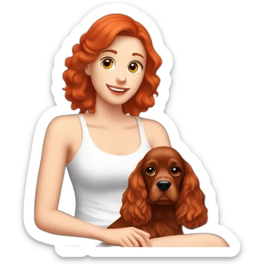 Red hair woman in white singlet sitting red english cocker spaniel on her lap sticker