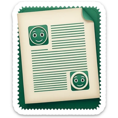 white document sheet with dark green stamp and small details, modern style, emoji style sticker