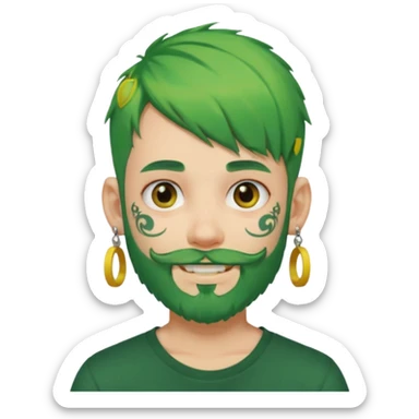 boy with bangs and green hair and yellow small hairtie on side and earrings and very heavy face tattoos and beard sticker
