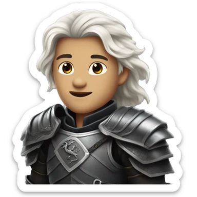 A young prince from house Targaryen with long silver hair with black armor evocative of a dragon sticker