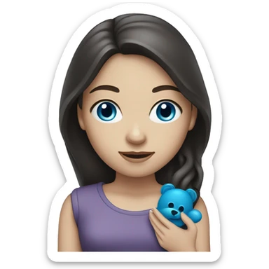 white girl with long dark hair, with blue eyes holding a toy doodle  sticker