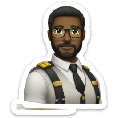black soldier with beard, part in black hair, white collared shirt, bow tie, gold frame glasses, bulletproof vest  sticker