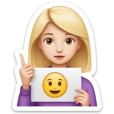 close up of a girl holding a white poster in front of her, with the girl visible on the side of the poster, emoji style sticker