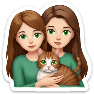 white girl with brown long hair green eyes with a tabby cat sticker