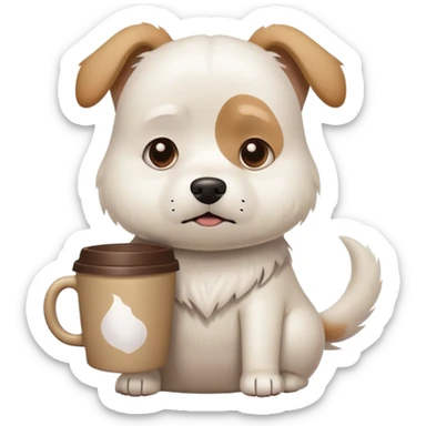 A white dog holding a coffee cup looking stressed and busy sticker
