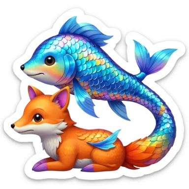 Make the rainbow fish glow a little larger, hugging or cuddling the fox sticker