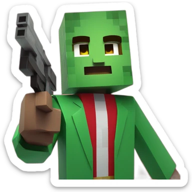 Man minecraft Green suit with gun, background red sticker